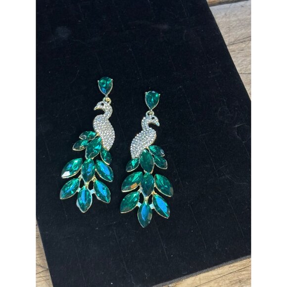 Peacock Crystal Drop Earrings With Green Gemstones - Picture 5 of 9